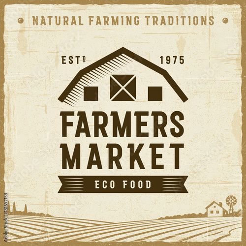 Vintage Farmers Market Label. Editable EPS10 vector illustration in retro woodcut style with clipping mask and transparency.