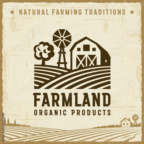 Vintage Farmland Label. Editable EPS10 vector illustration in retro woodcut style with clipping mask and transparency.