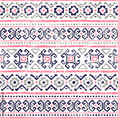 Seamless striped pattern. Ethnic and tribal motifs. Vintage print, grunge texture.Simple ornament. Handmade. White, gray, pink and black colors.