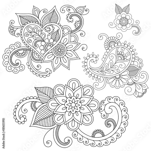 Set of floral doodle ornaments.