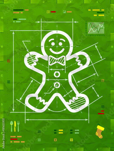 Gingerbread man symbol as technical blueprint drawing. Drafting of gingerbread man sign on crumpled paper. Vector image for christmas, new years day, decoration, winter holiday, design, silvester, etc