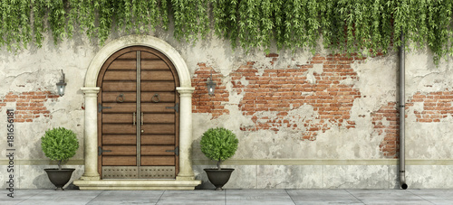 Grunge facade with wooden doorway photo