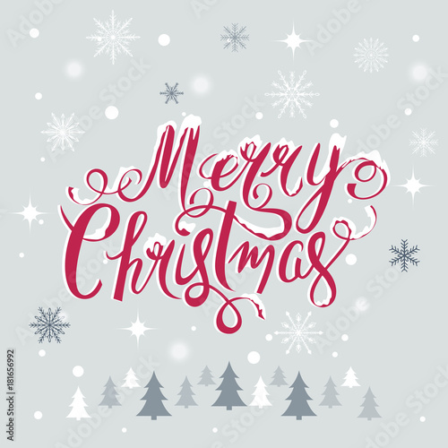 Merry Christmas hand drawn lettering text vector illustration. Holiday xmas poster or postcard. Beautiful winter background.