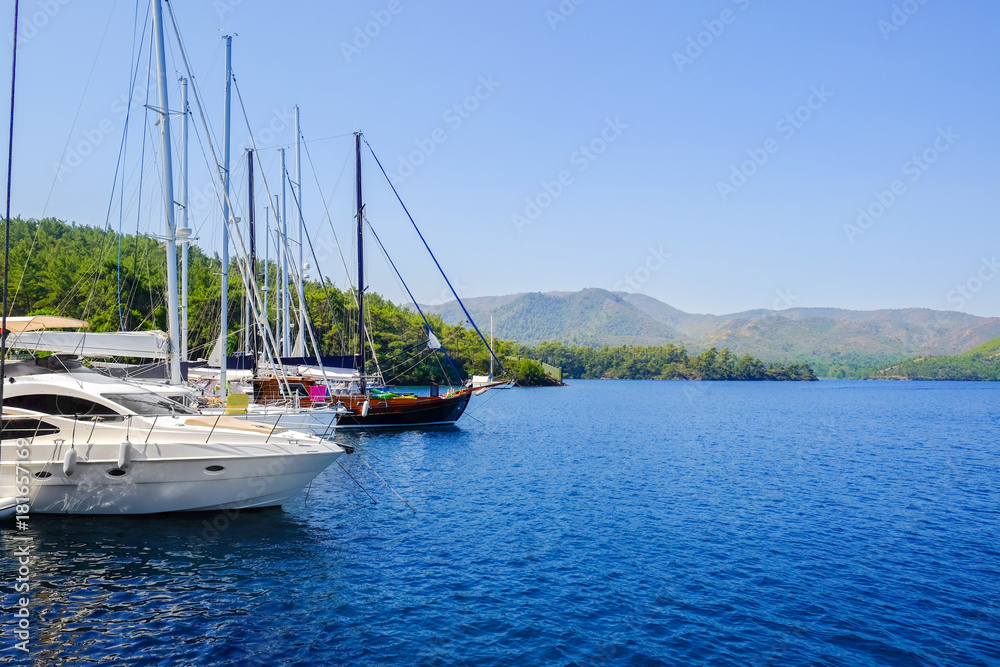 Beautiful moored boats on sunny day