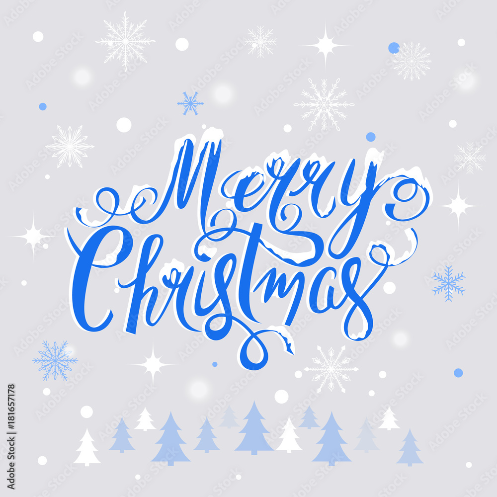 Merry Christmas hand drawn lettering text vector illustration. Holiday xmas poster or postcard. Beautiful winter background.