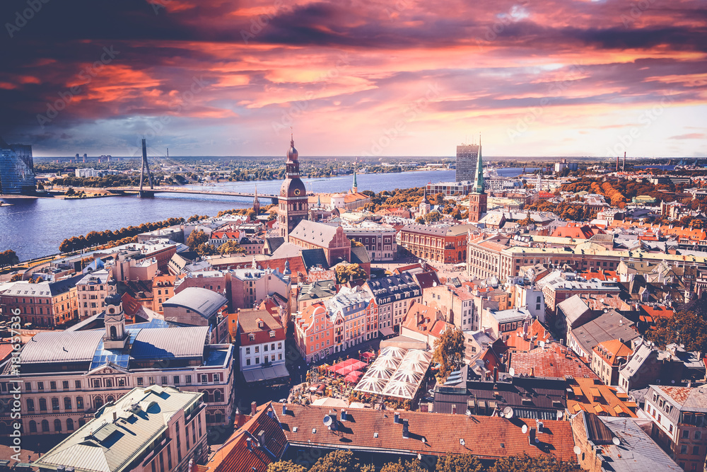 Fototapeta premium Beautiful aerial Riga view from above. View from the St. Peters cathedral during sunset