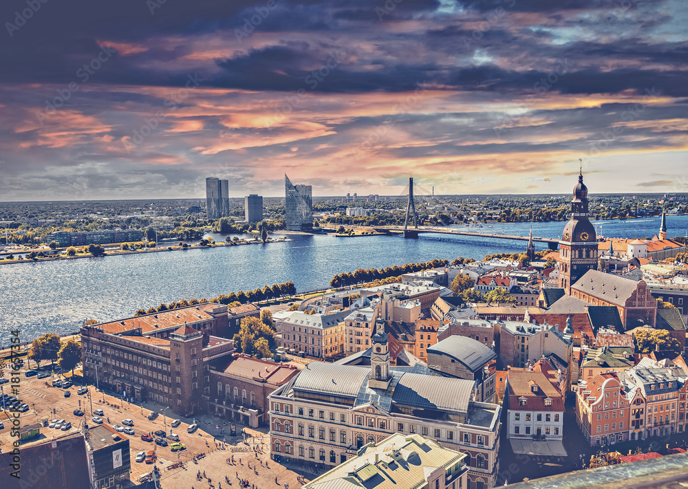 Beautiful aerial Riga view from above. View from the St. Peters cathedral during sunset