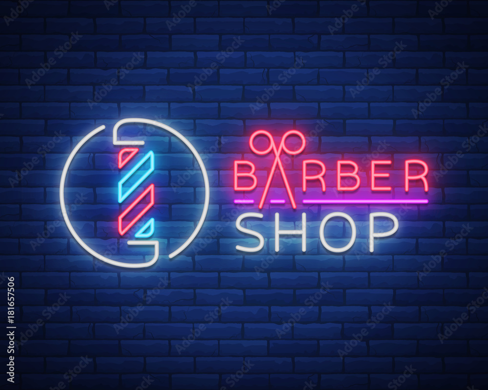 Fototapeta premium Vector logo neon sign barber shop for your design. For a label, a sign, a sign or an advertisement. Hipster Man, Hairdresser Logo. Neon billboard, bright sign, luminous banner