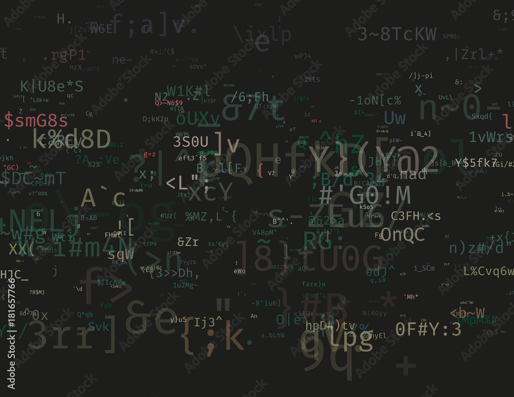 Modern vector illustration with array of symbols. Abstract ascii glitch background. Flow of encrypted data. Brute force hacking of a private network. Random signal error. Element of design. Modern vector illustration with array of symbols. Abstract ascii glitch background. Flow of encrypted data. Brute force hacking of a private network. Random signal error. Element of design.