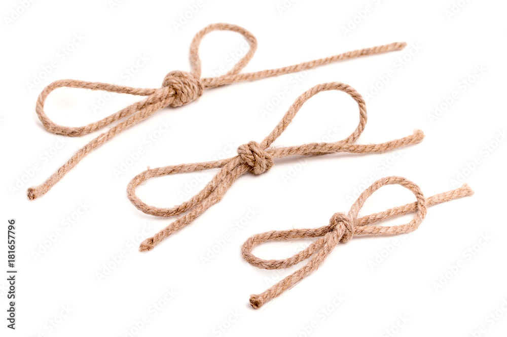 Set of 3 rope bow knots, isolated on white background.