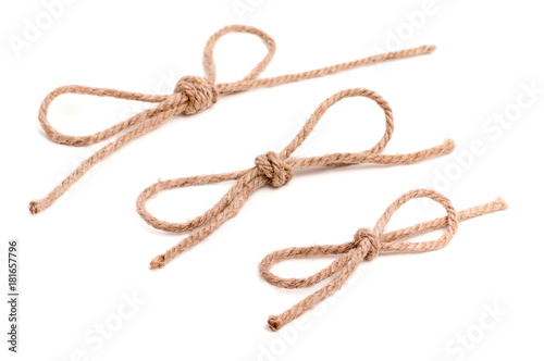Set of 3 rope bow knots, isolated on white background.