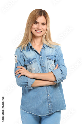 Happy young woman on white ...