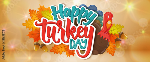 Thanksgiving greetings - Happy turkey day. Autumn leaves, cartoon illustration. Thanksgiving Day background for decoration. Vector