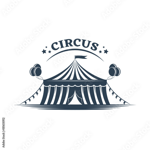 Circus building, circus tent awning, balls, decorations, shapito, exterior appearance.