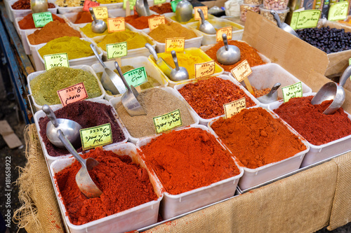 Variety of spices on the street market in Tel-Aviv, Israel