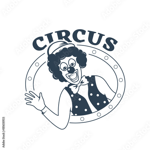 Circus performance, clown animator cheers audience, tricks, comic fun show.