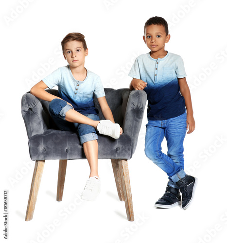 Cute stylish boys on white ...