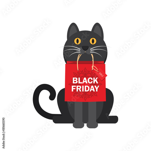 In the teeth of a cat with a package of purchases, a black Friday, a Christmas sale. Design of a bag design. Vector illustration EPS10
