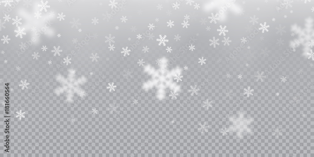 Falling snowflake pattern background of white cold snowfall overlay texture isolated on transparent background. Winter Xmas snow flake ice elements template for Christmas of New Year holiday design - obrazy, fototapety, plakaty 