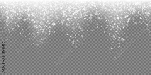 Falling snow flake pattern background. White cold snowfall overlay texture isolated on transparent background. Winter Xmas snowflake ice elements template for Christmas of New Year holiday design