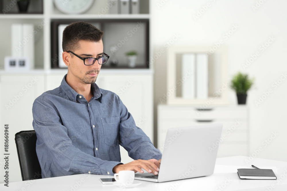 Attractive man with laptop in office Attractive man with laptop in office
