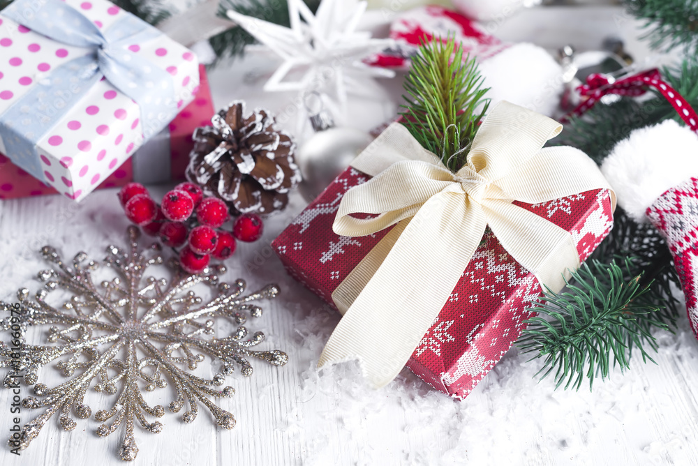Christmas fir tree, decor, gift box and mittens Christmas fir tree, decor, gift box and mittens