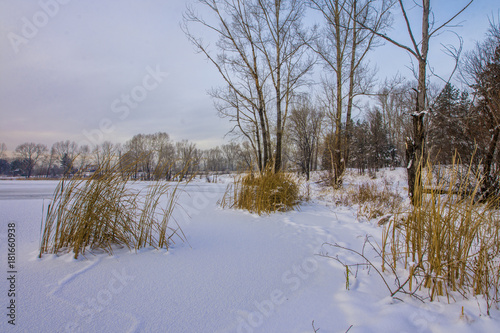 winter landscape, view of the frozen lake 