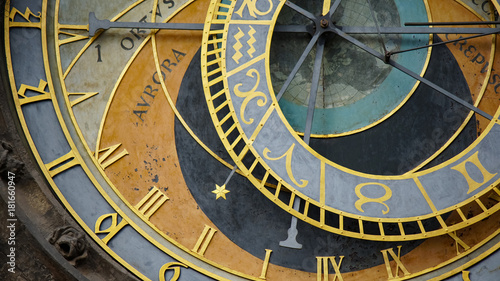 Astronomical Clock Tower detail in Old Town of Prague, Czech Republic. Astronomical clock was created in 1410 by the watchmaker Mikulas Kadan and mathematician-astronomer Jan Schindel.