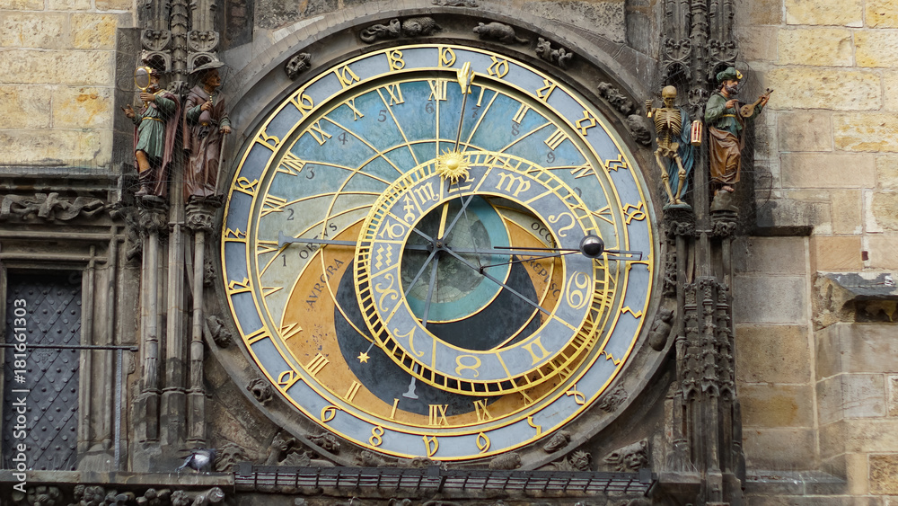 Astronomical Clock Tower detail in Old Town of Prague, Czech Republic. Astronomical clock was created in 1410 by the watchmaker Mikulas Kadan and mathematician-astronomer Jan Schindel.