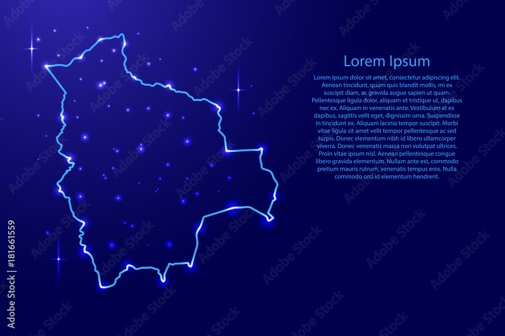 Obraz premium Map Bolivia from the contours network blue, luminous space stars for banner, poster, greeting card, of vector illustration