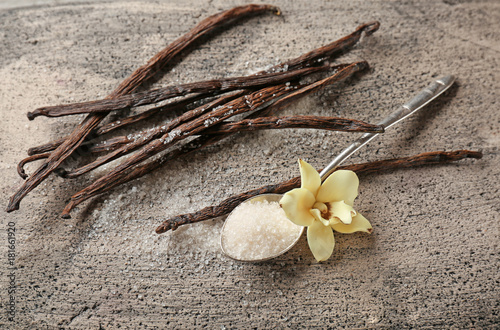 Dried vanilla sticks, flower and sugar in spoon on table