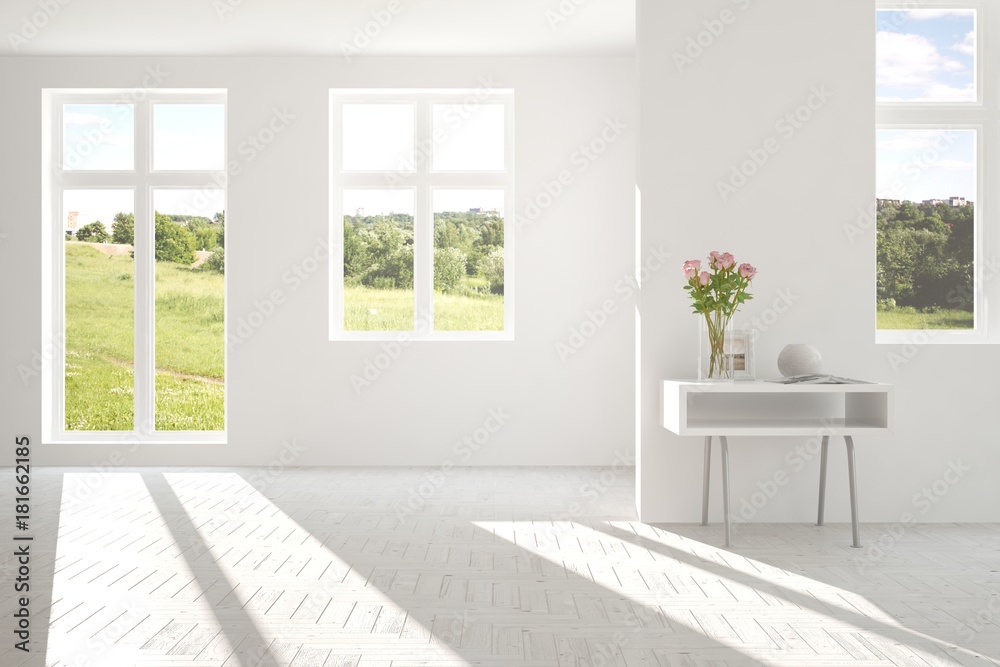 Fototapeta premium White empty room with summer landscape in window. Scandinavian interior design. 3D illustration