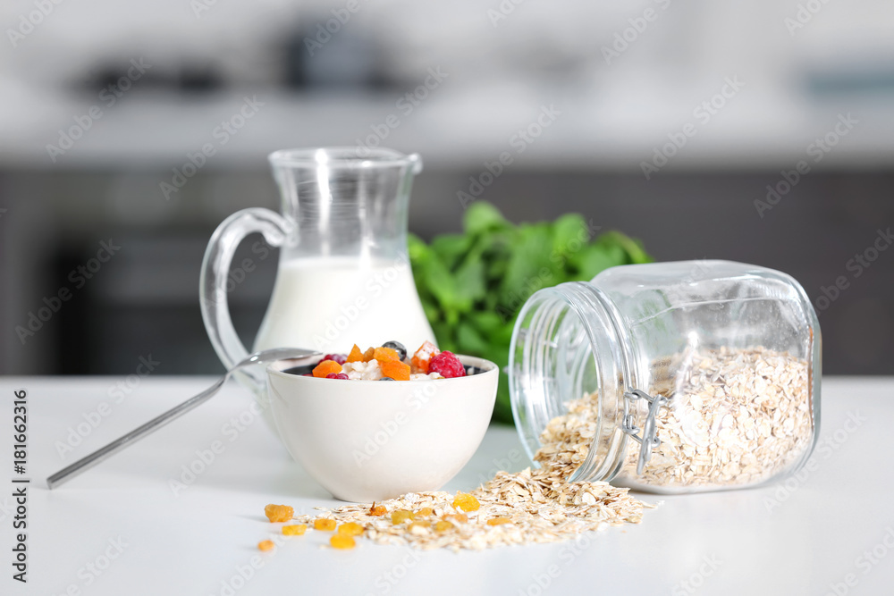 Beautiful composition with tasty oatmeal on table Beautiful composition with tasty oatmeal on table