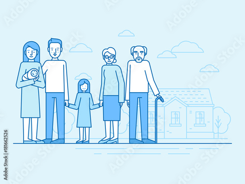 Vector flat linear illustration in blue colors - happy family with grandparents and children