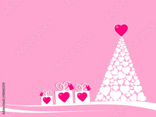 christmas tree made with many white hearts and a big pink heart on the top with three gift boxes. Christmas illustration for female teenager target