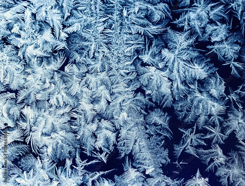 Obraz piękny Bożenarodzeniowy błyszczący mrozu wzór na szklanym zima jasnym ranku