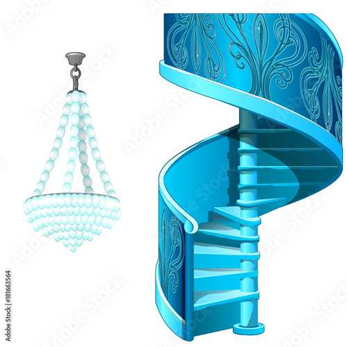 Classic ice spiral staircase and crystal chandelier. Decorative frozen interior elements. Vector Illustration in cartoon style isolated on white background