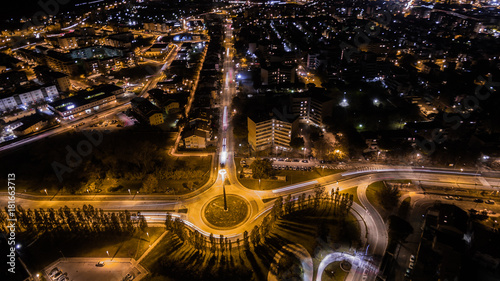 Italia, Novembre 2017- Vista notturna della città di pesaro ripresa con drone dji phantom 3 pro. Si nota una via principale con scie luminose di automobili in movimento