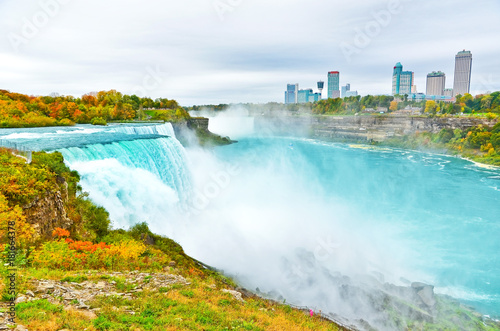 View of Niagara Falls from American side in autumn.