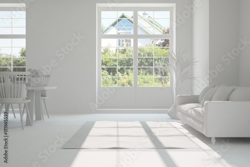 Fototapeta Naklejka Na Ścianę i Meble -  Idea of white room with sofa and summer landscape in window. Scandinavian interior design. 3D illustration