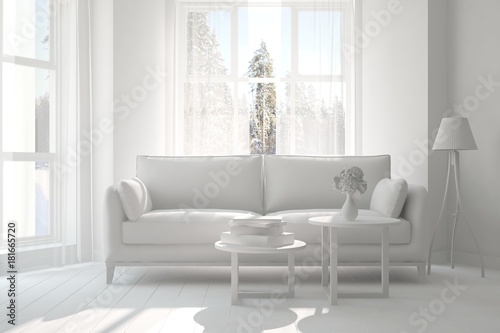 White room with sofa. Scandinavian interior design. 3D illustration