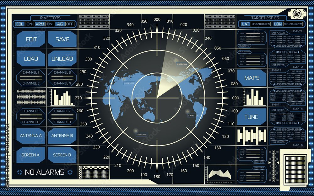 Digital radar screen with world map, targets and futuristic user interface of blue and beige shades on dark background