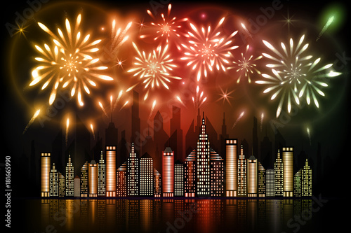 Photography Fireworks exploding in night sky over downtown city with reflection in water in