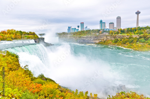 View of Niagara Falls from American side in autumn.