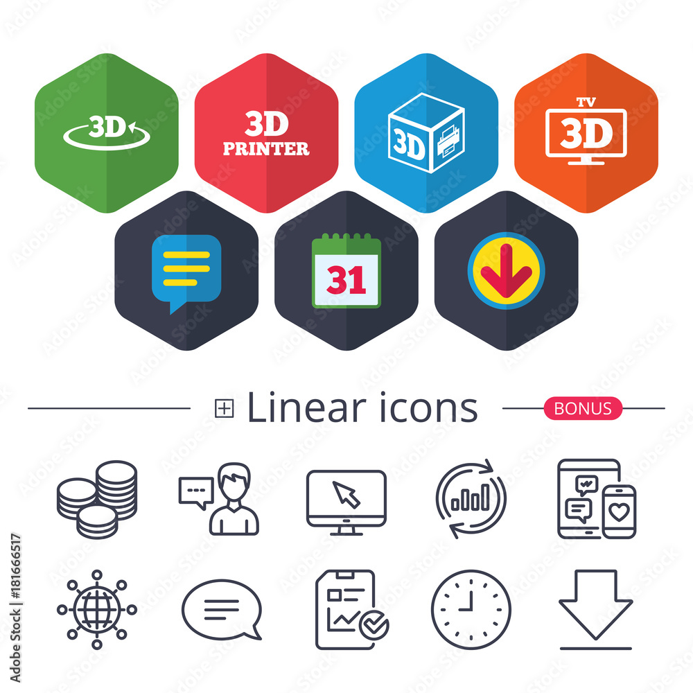 3d technology icons. Printer, rotation arrow. 3d technology icons. Printer, rotation arrow.