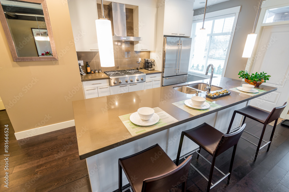 Modern, bright, clean, kitchen interior with stainless steel appliances in a luxury house