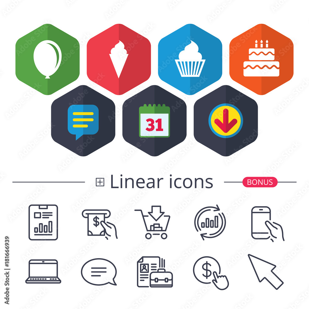 Birthday party icons. Cake with ice cream symbol.