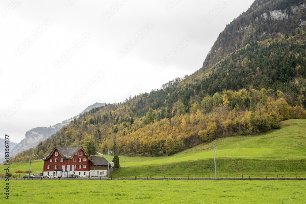 Engelberg, Switzerland, October 29;2017; Beautiful view of countryside village and mountain at autumn in Engelberg, Switzerland