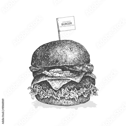 Hand drawn burger illustration with ink and pen. Vintage black and white fast food collection.