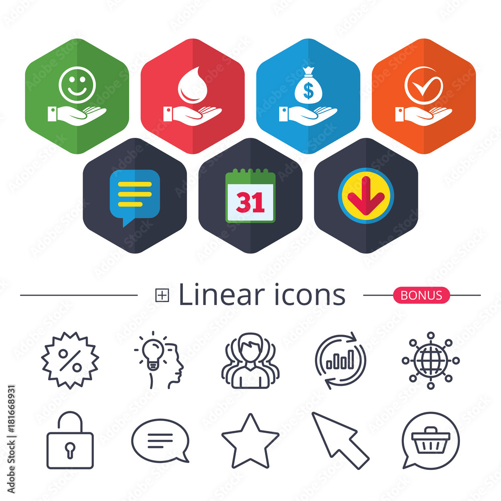 Smile and hand icon. Water drop, Tick symbol.